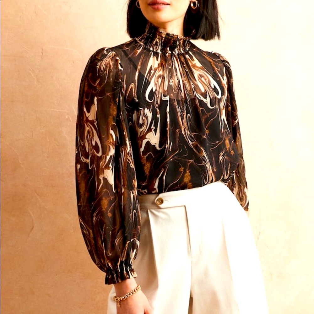 Banana Republic Black Brown Cream Swirl High-Neck Blouse
